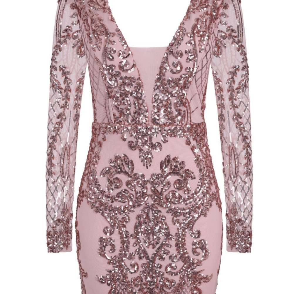 Women's Sexy Pink Sequin Long Sleeve Bodycon Dress
